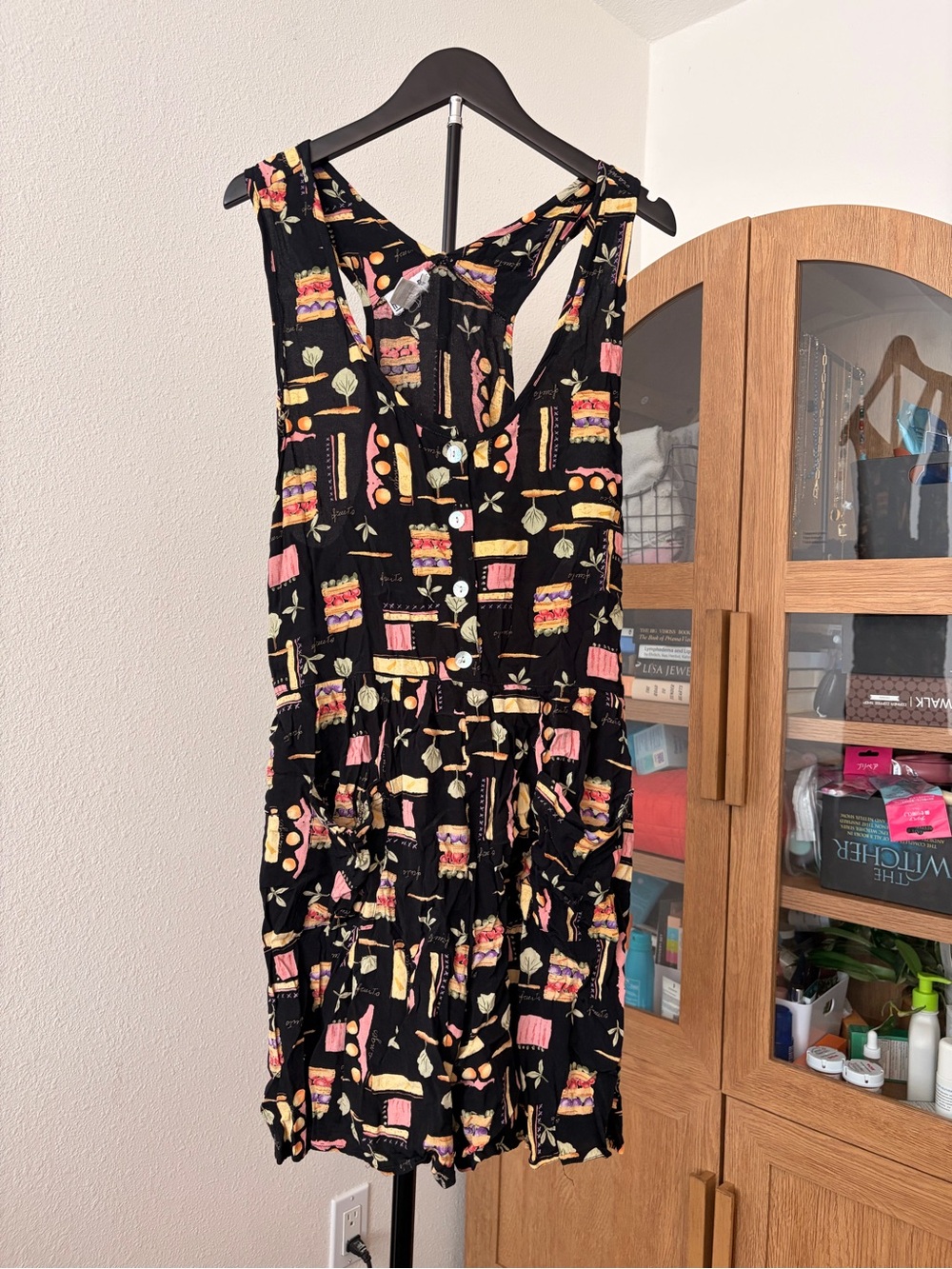 Amazing 90s Black Romper with Button Front and Tie-Back